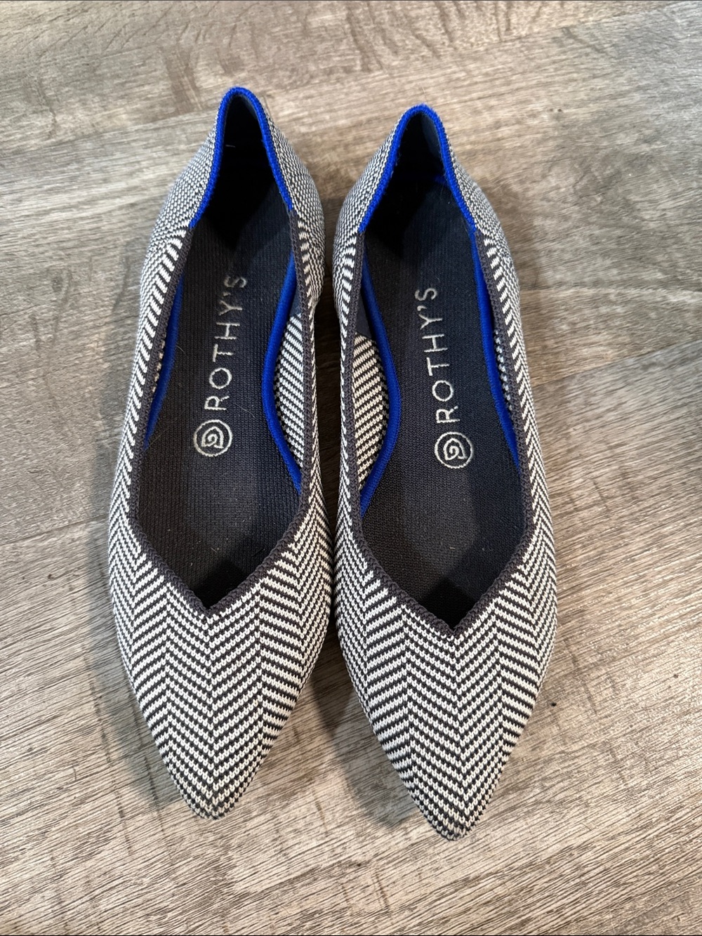 Rothy's Black & White Herringbone Pointed Toe Flats with Blue Trim